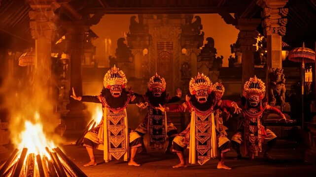 Balinese Dance Performance with Fire and Traditional Costumes at Night.