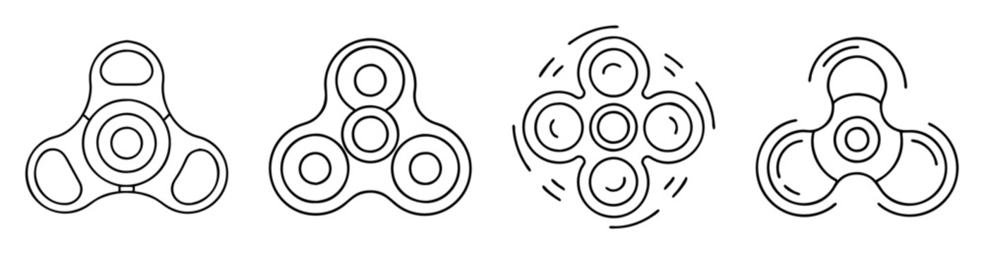 Fidget spinner set of four simple line drawings on white background
