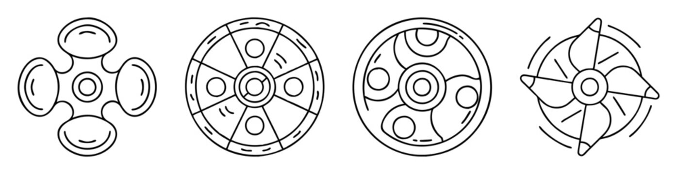 Illustration of four abstract fidget spinner designs in minimalist black and white style