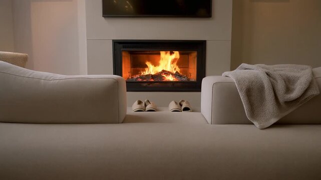 Cozy living room interior with burning fireplace and slippers