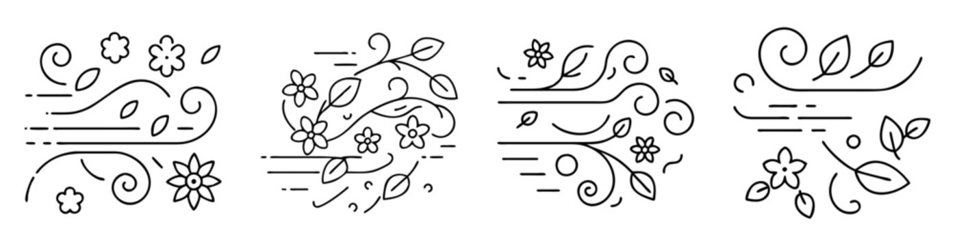 Black and white line drawing of abstract wind with flowers and leaves