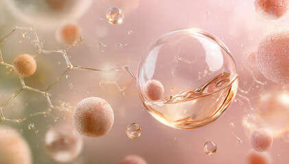 A premium 3D illustration featuring floating rose gold serum droplets and textured pink molecules against a soft pastel background. The image showcases a scientific crystal lattice, representing skin 