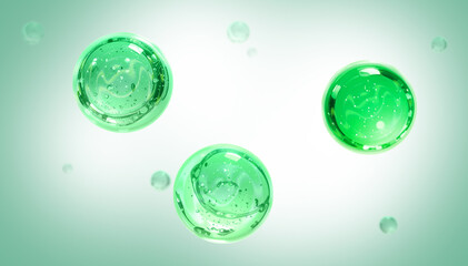 Abstract 3D rendering of floating green transparent gel bubbles or molecules in a bright environment. High-quality macro shot for skincare advertising, medical science research, or beauty product pres © Jakkit Thonwirak