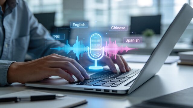 AI powered voice translation interface on laptop,real time multilingual speech recognition with English Chinese Spanish languages for global communication technology