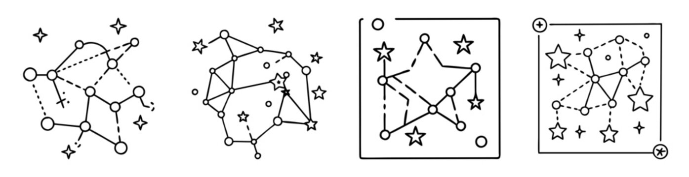 Four abstract constellations represented by circles, stars and lines on white backdrop