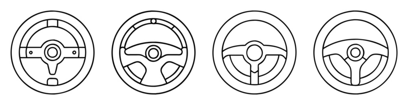Four steering wheels with different designs in a line art style