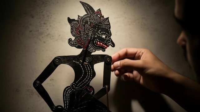 Traditional Indonesian Wayang Kulit Shadow Puppet Show with Dalangs Hand Manipulating the Character.