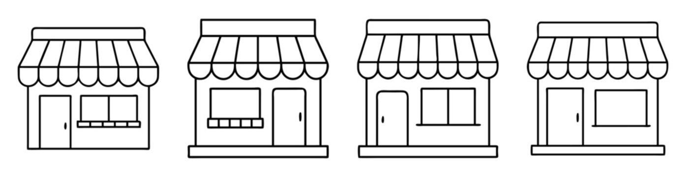 Stylized black and white line art of four different storefronts