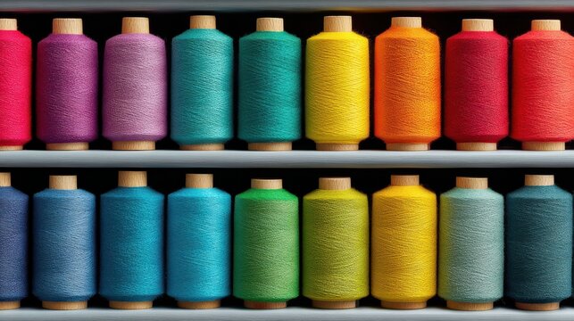 Colorful spools of thread neatly arranged on shelves, showcasing a vibrant spectrum of hues.