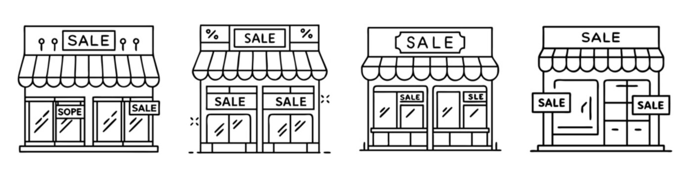 Collection of black and white line art sale shop storefronts