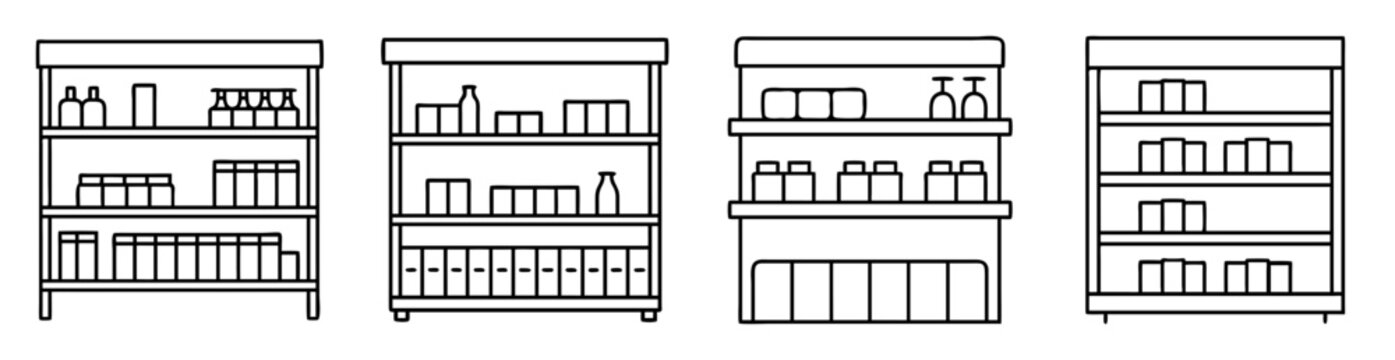 Line art drawing of four different store shelves with various items