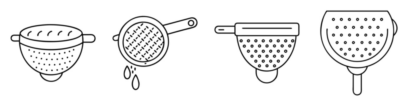 Variety of black and white line drawing of kitchen colanders and strainers