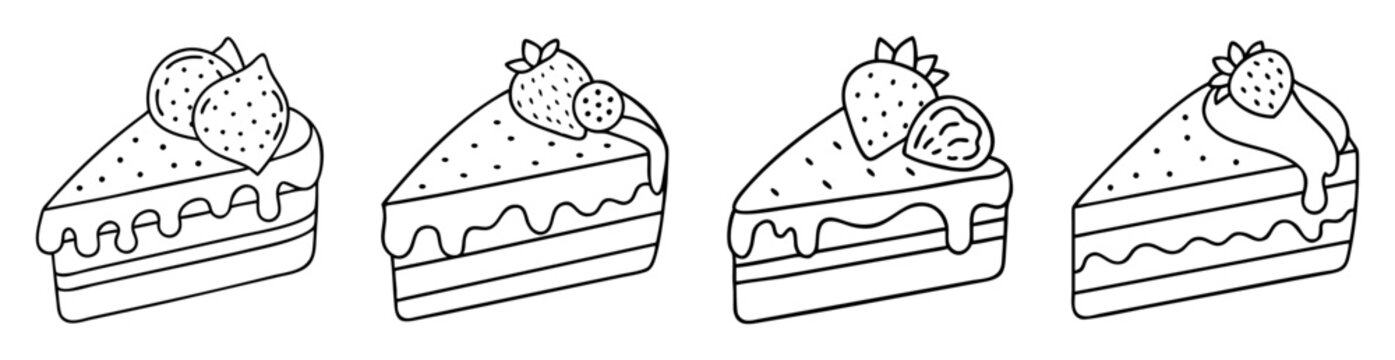 Delicious monochrome strawberry cake slice illustration with drizzles and cake layers