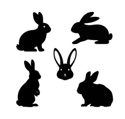 Fototapeta premium Rabbit silhouettes in different positions, simple animal vector collection isolated on white