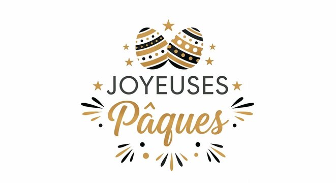 Joyeuses P&acirc;ques Easter Greeting Card with Decorative Eggs and Gold Typography