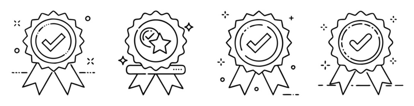 Black and white line art illustration of success badges with checkmarks
