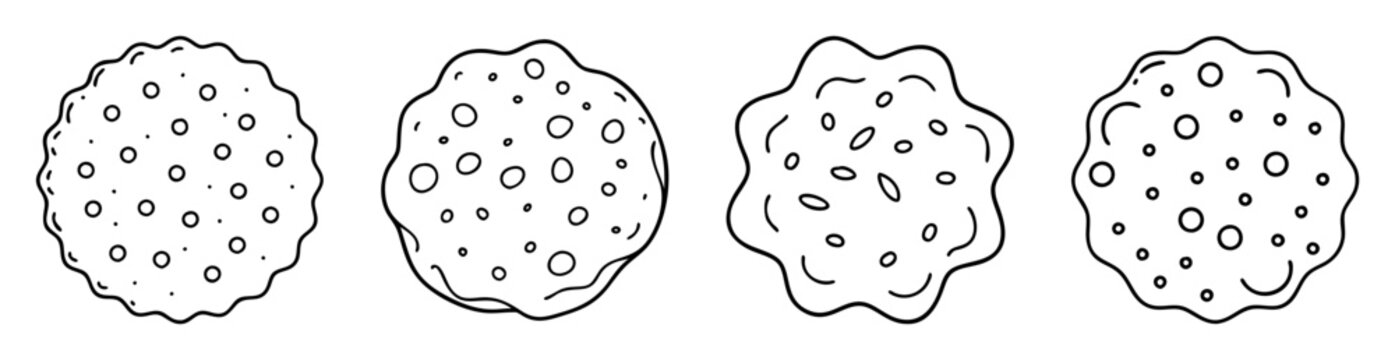 Four black and white amoebalike organisms with circular markings and textured edges