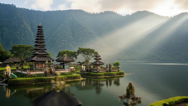 Pura Ulun Danu Beratan temple on Lake Bratan in Bali, Indonesia, with sun rays.