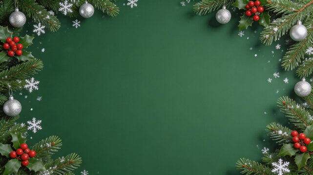 Christmas Holiday Template with Full Pine Frame, Silver Baubles, and Red Holly on Green. Christmas Background, Christmas, Christmas Tree, Merry Christmas, Christmas Wallpaper
