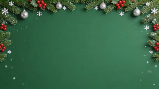 Classic Christmas Flat Lay Background with Fir Top Border, Berries, and Snowflakes. Christmas Background, Christmas, Christmas Tree, Merry Christmas, Christmas Wallpaper