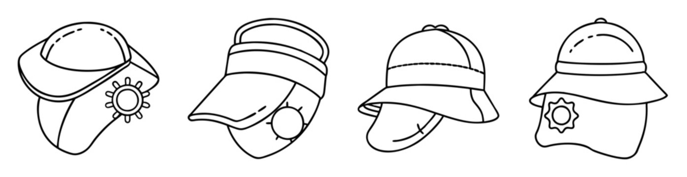 Outlined collection of cartoon detective hats and caps in black and white