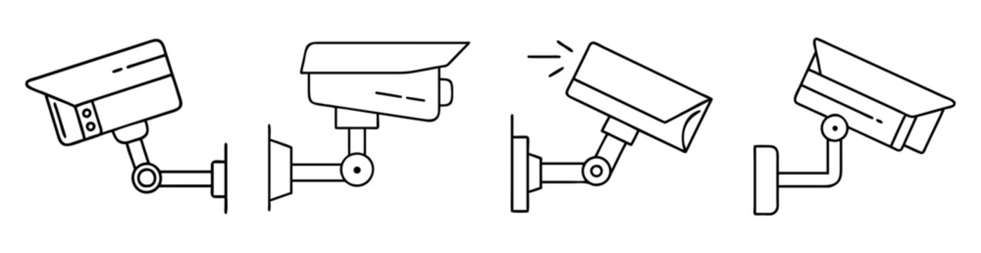 Outline illustration depicting four different security cameras mounted to wall brackets