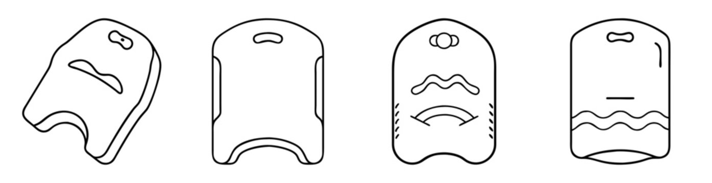 Collection of four different shaped and designed swim kickboards in outline