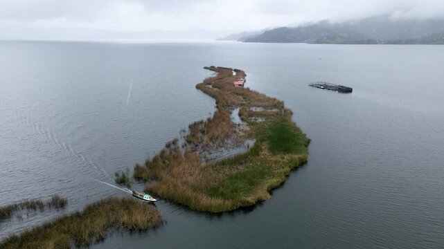 A small boat moves through the marshy landscape of Cocha Lagoon, surrounded by tall grasses and a serene water surface.