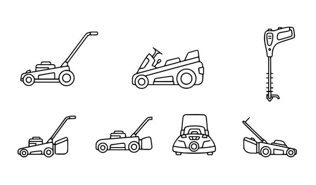 Garden tools and lawn mower line art Garden lawn mower icons set with push ride robotic mowers line vector illustration editable stroke vector illustration