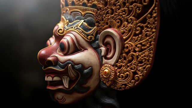 Intricate Balinese Barong Mask with Ornate Gold Details and Expressive Features on a Dark Background.
