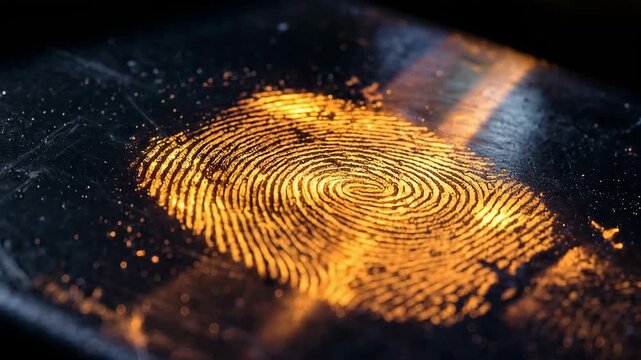 Closeup of a glowing yellow fingerprint on a dark surface with scratches