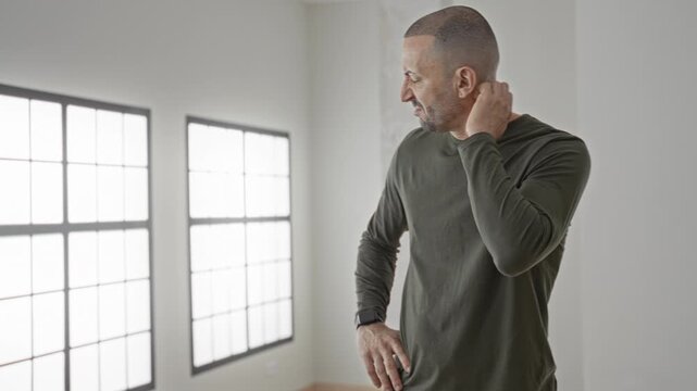 Man touching head while holding wristwatch, wearing olive longsleeve shirt in studio; quiet contemplation.