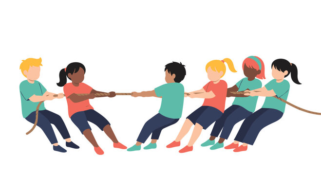 Group of diverse boys and girls engaged in a competitive and fun game of tug of war on white.