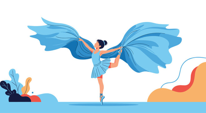 Graceful ballerina wearing a blue tutu performing a dance with large fabric wings against a minimalist background with soft color shapes.