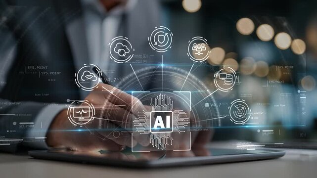 Business man using tablet as artificial intelligence interface activates digital icons including cloud computing, data network and automation, representing innovation and modern business technology.