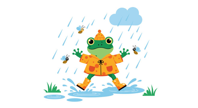 Cheerful green frog wearing a yellow raincoat and hat jumping in a puddle during a rainy day with happy bees flying around him.