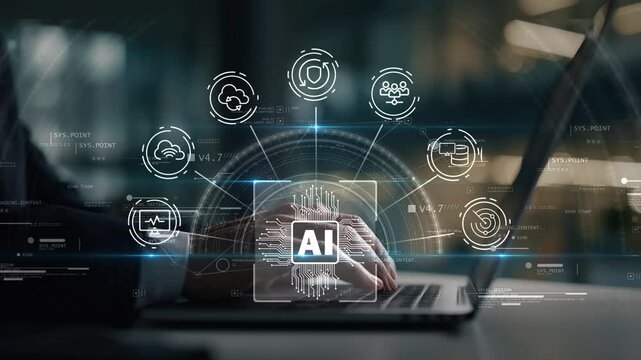 Professional working on computer with artificial intelligence driven digital interface, showing workflow, data processing and business productivity in modern corporate technology environment.