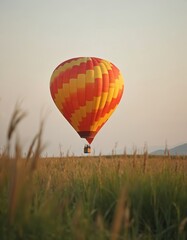 Naklejka premium Hot air balloon floats over grassy field at sunrise. Colorful balloon ascends into soft sky, gentle breeze carries basket. Peaceful flight above rural landscape.