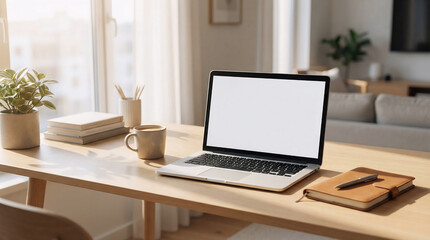 Fototapeta premium Modern laptop mockup on a wooden desk in a bright minimalist office interior with natural lighting