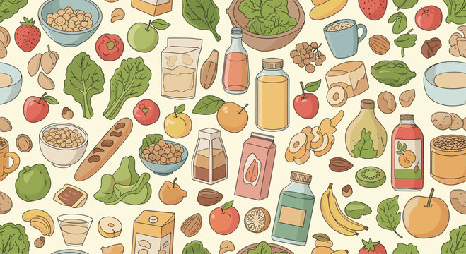 Seamless background pattern featuring a variety of healthy food items including fruits, vegetables, grains, and kitchen staples.