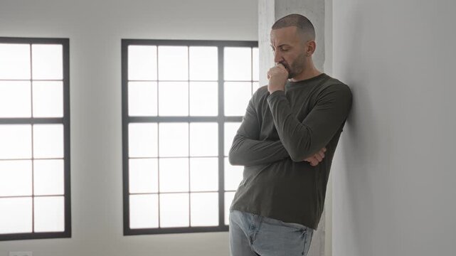 Young hispanic man with hand to chin thinking, arms crossed, leaning on wall near large windows in a building; quiet contemplation.