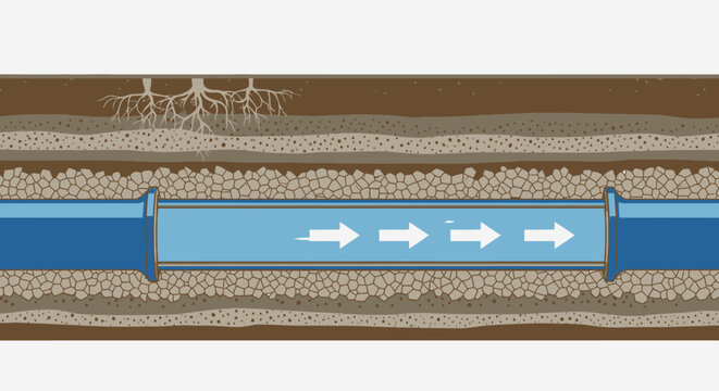 Underground water pipe with flowing liquid and roots encroaching on the soil layers