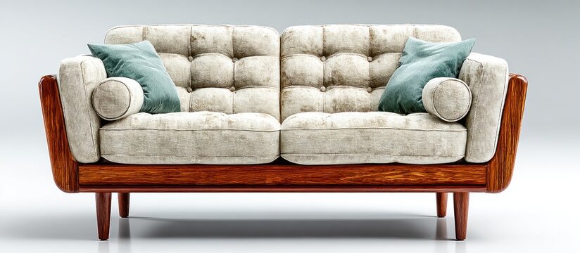 Plush tufted sofa with wooden frame, green pillows, and cylindrical armrests