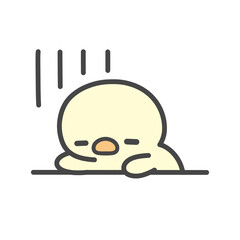 机に突っ伏してぐったりするひよこの手書きイラスト 疲労・ストレス・落ち込む © Nitomaru