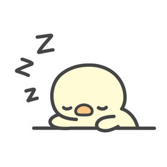 机に突っ伏して眠るひよこの手書きイラスト　授業中や仕事中の居眠り・仮眠 © Nitomaru