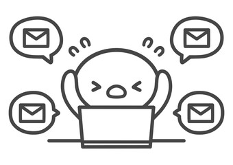 メール対応に追われてパニックになるひよこ　仕事のストレスと業務過多を表す手書き線画イラスト © Nitomaru