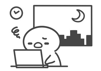 残業で疲れて眠そうなひよこ 夜遅くまで働く様子 パソコン作業中の疲労やストレスを表す手書き線画イラスト © Nitomaru