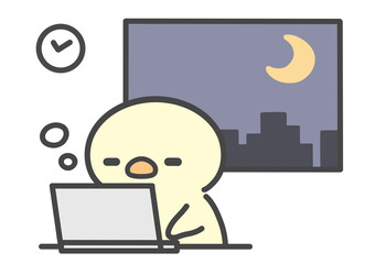 残業中に眠気に襲われるひよこの手書きイラスト 夜遅くのパソコン作業で疲れて眠い様子 © Nitomaru