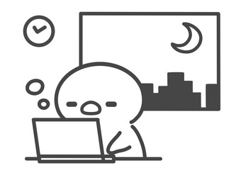 残業中に眠気に襲われるひよこの手書き線画イラスト 夜遅くのパソコン作業で疲れて眠い様子 © Nitomaru
