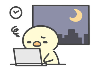 残業で疲れて眠そうなひよこ 夜遅くまで働く様子 パソコン作業中の疲労やストレスを表す手書きイラスト © Nitomaru